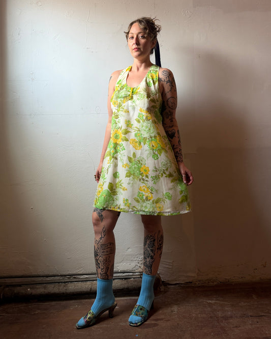 60s Floral Chiffon Open Back Mini Dress [L]