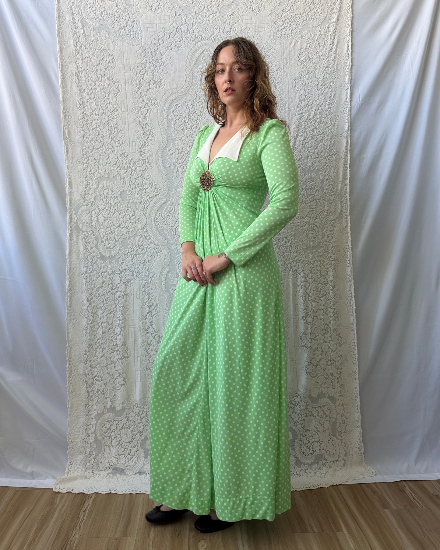 70s Corky Craig Green Dotted Maxi Dress [S/M]