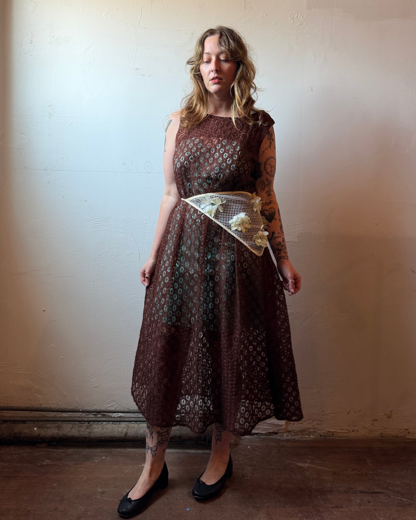 70s Brown Openwork Sheer Lace Maxi Dress [L]