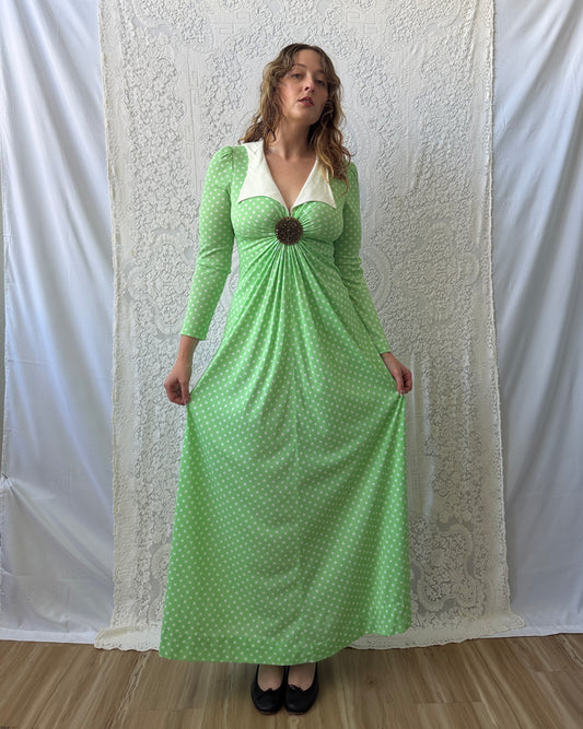 70s Corky Craig Green Dotted Maxi Dress [S/M]