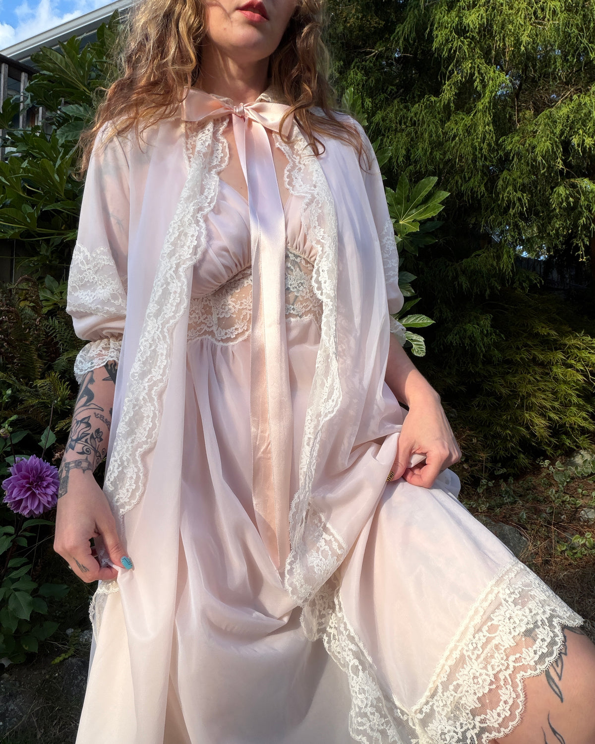 60s Lady Leonora Pink Lace Peignoir Set [S/M]