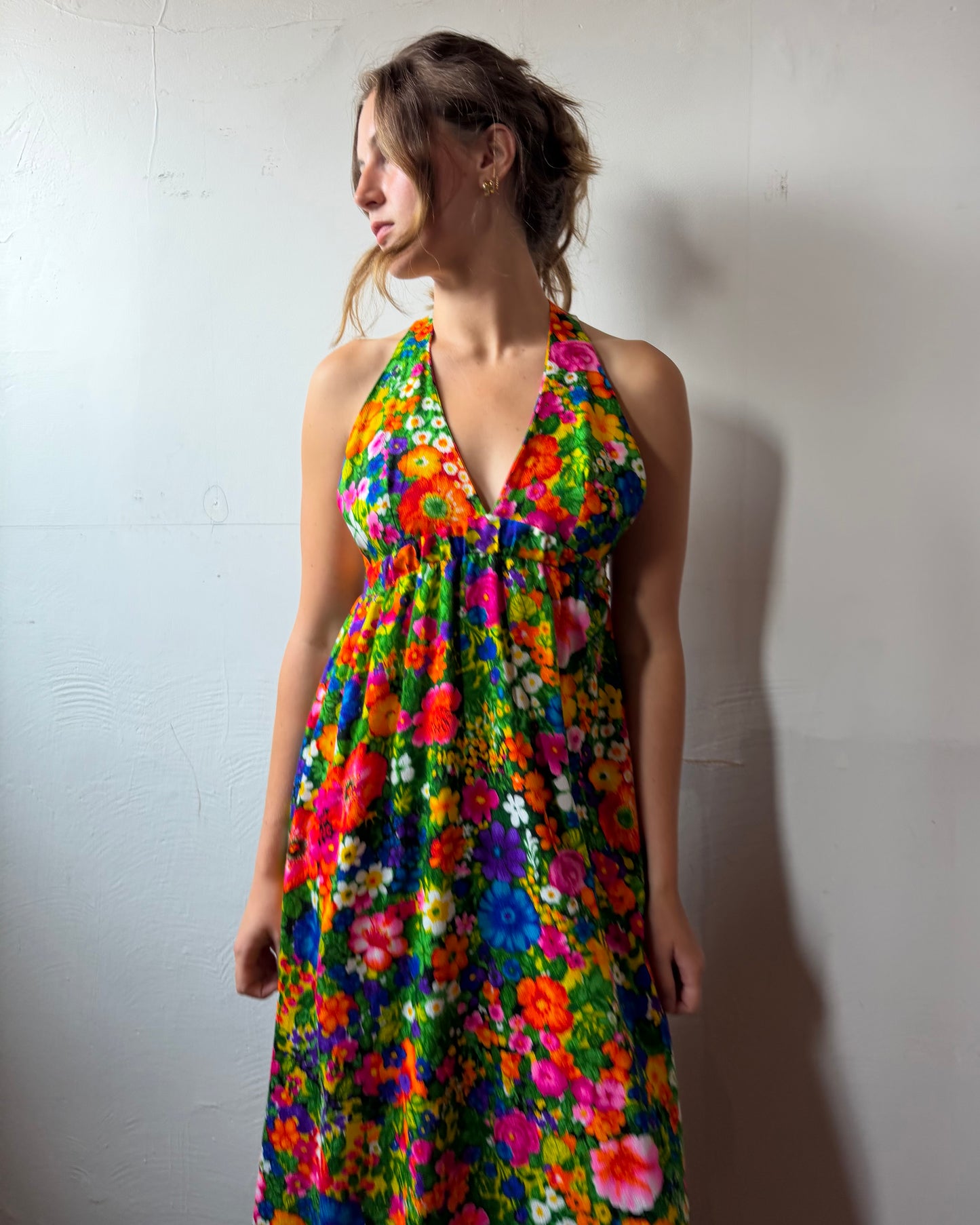 70s Dayglo Barkcloth Backless Maxi Dress [XS/S]