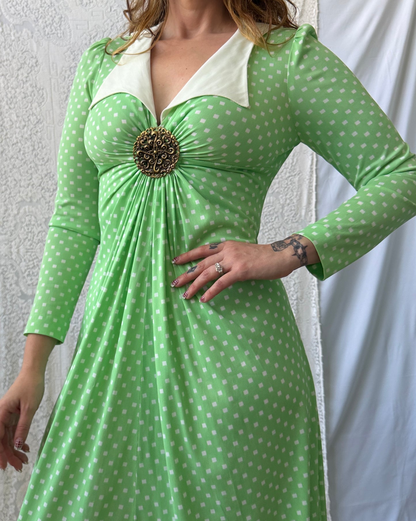 70s Corky Craig Green Dotted Maxi Dress [S/M]