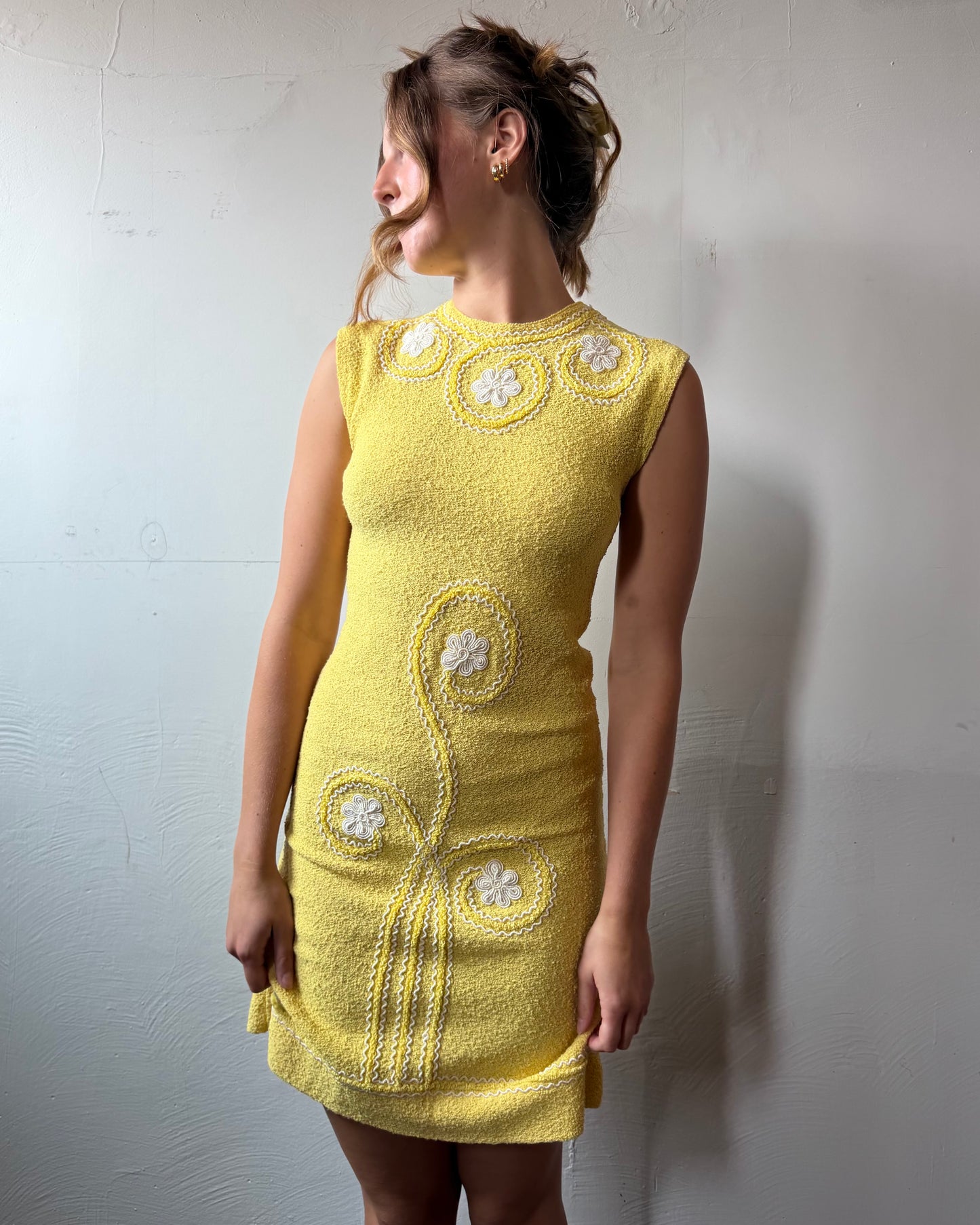 60s Yellow Bouclé Knit Mini Dress [S]