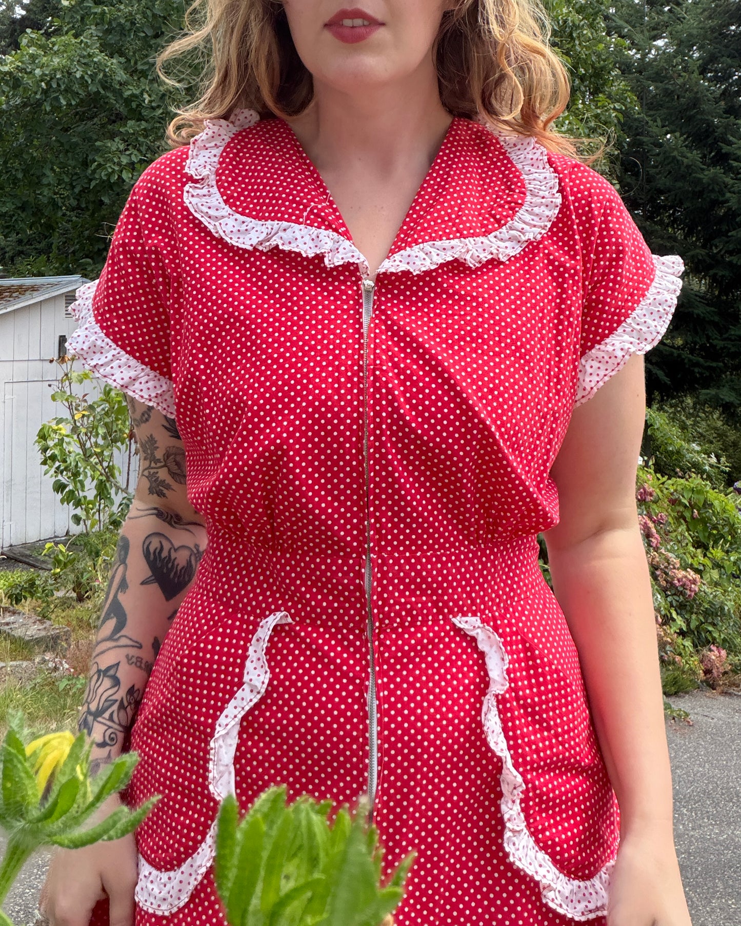 40s Red Polka Dot Cotton Dress [M/L]