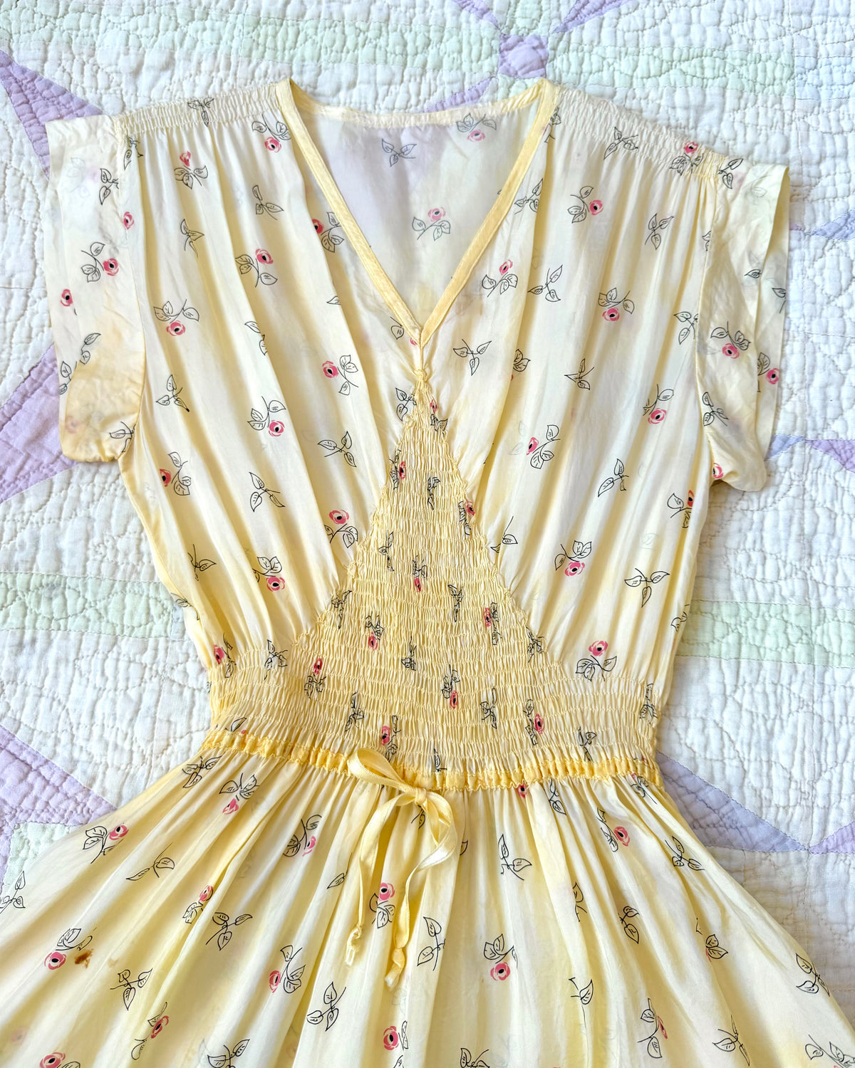 40s Yellow Rosebud Smocked Midi Dress [S-L]