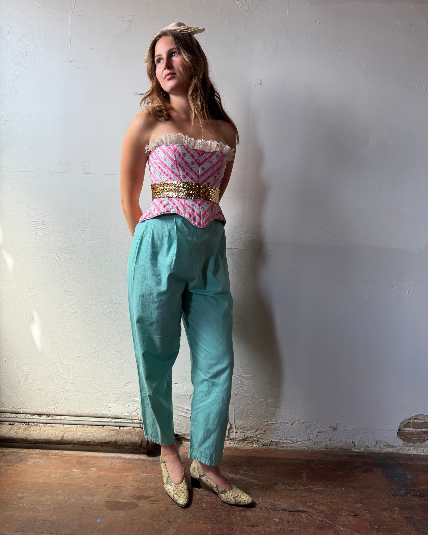 40s Mint Cotton Pleated Trousers [S/M]
