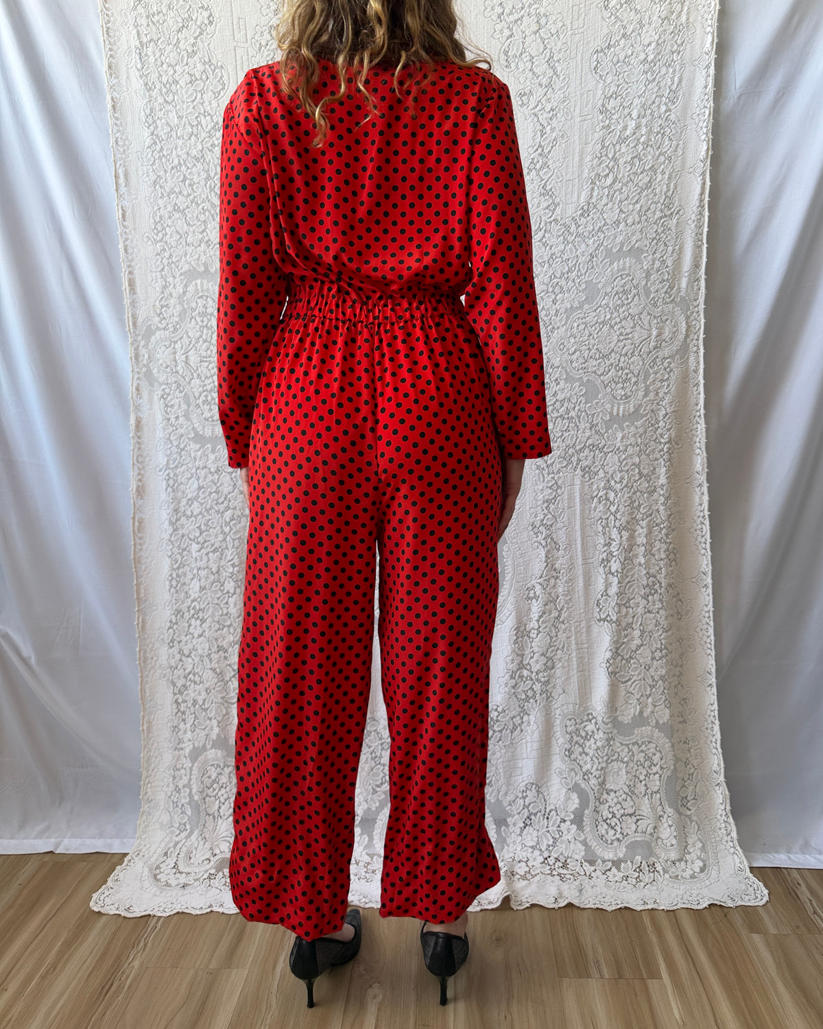 80s Black + Red Polka Dot Jumpsuit [M]