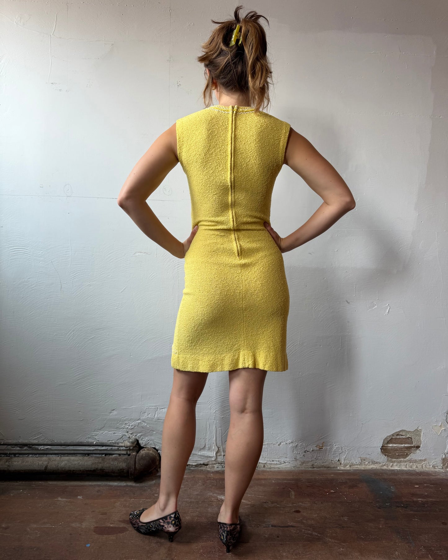 60s Yellow Bouclé Knit Mini Dress [S]