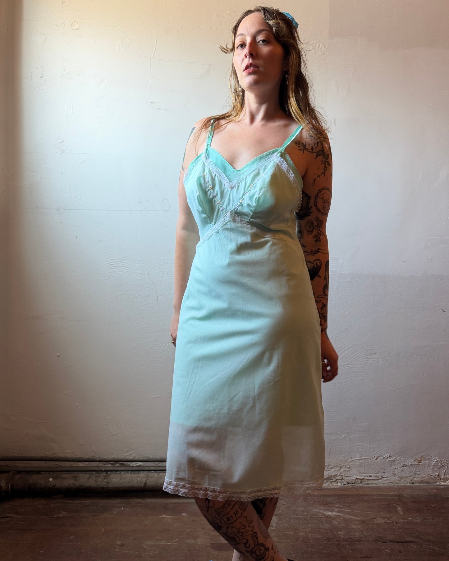 60s Mint Embroidered Slip Dress [M/L]