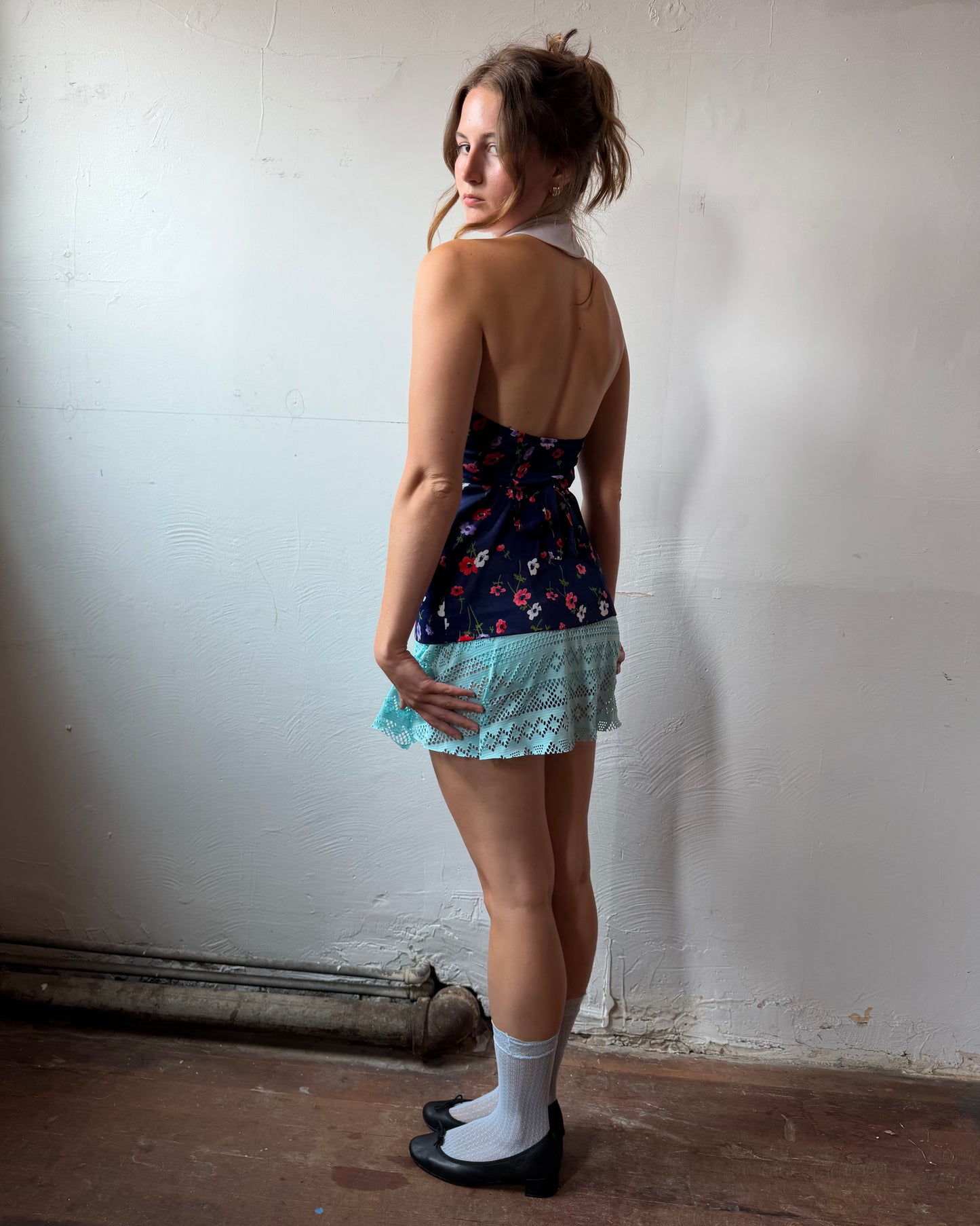 70s Collared Button Halter Top [S]