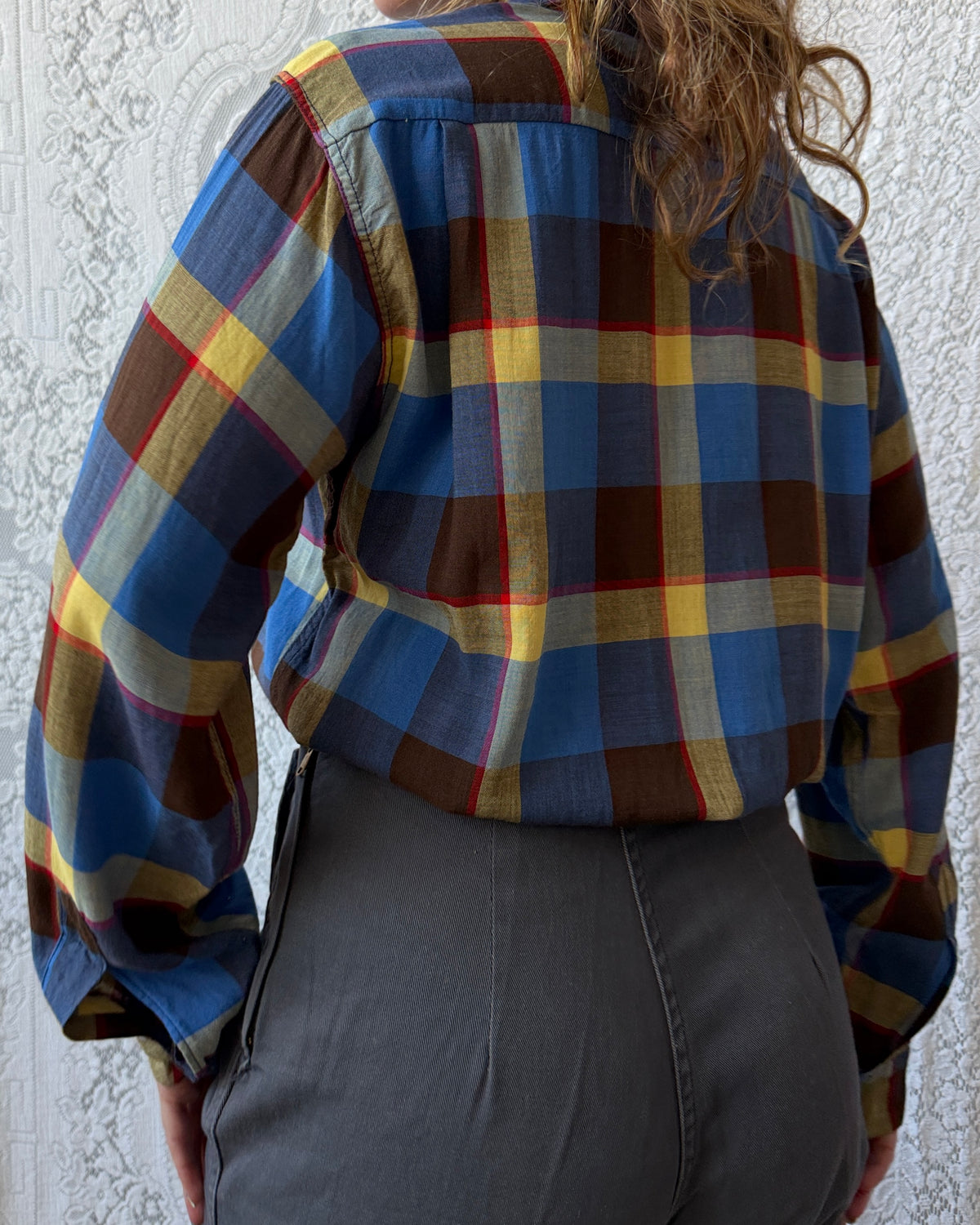50s Pilgrim Plaid Rayon Gaucho Shirt [M]