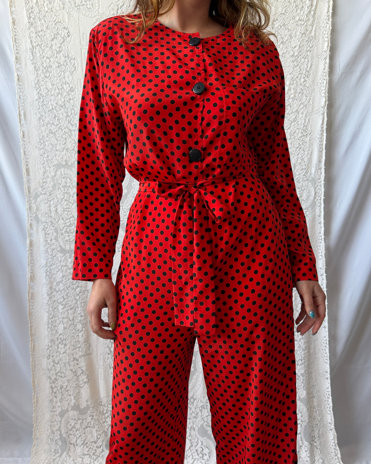 80s Black + Red Polka Dot Jumpsuit [M]
