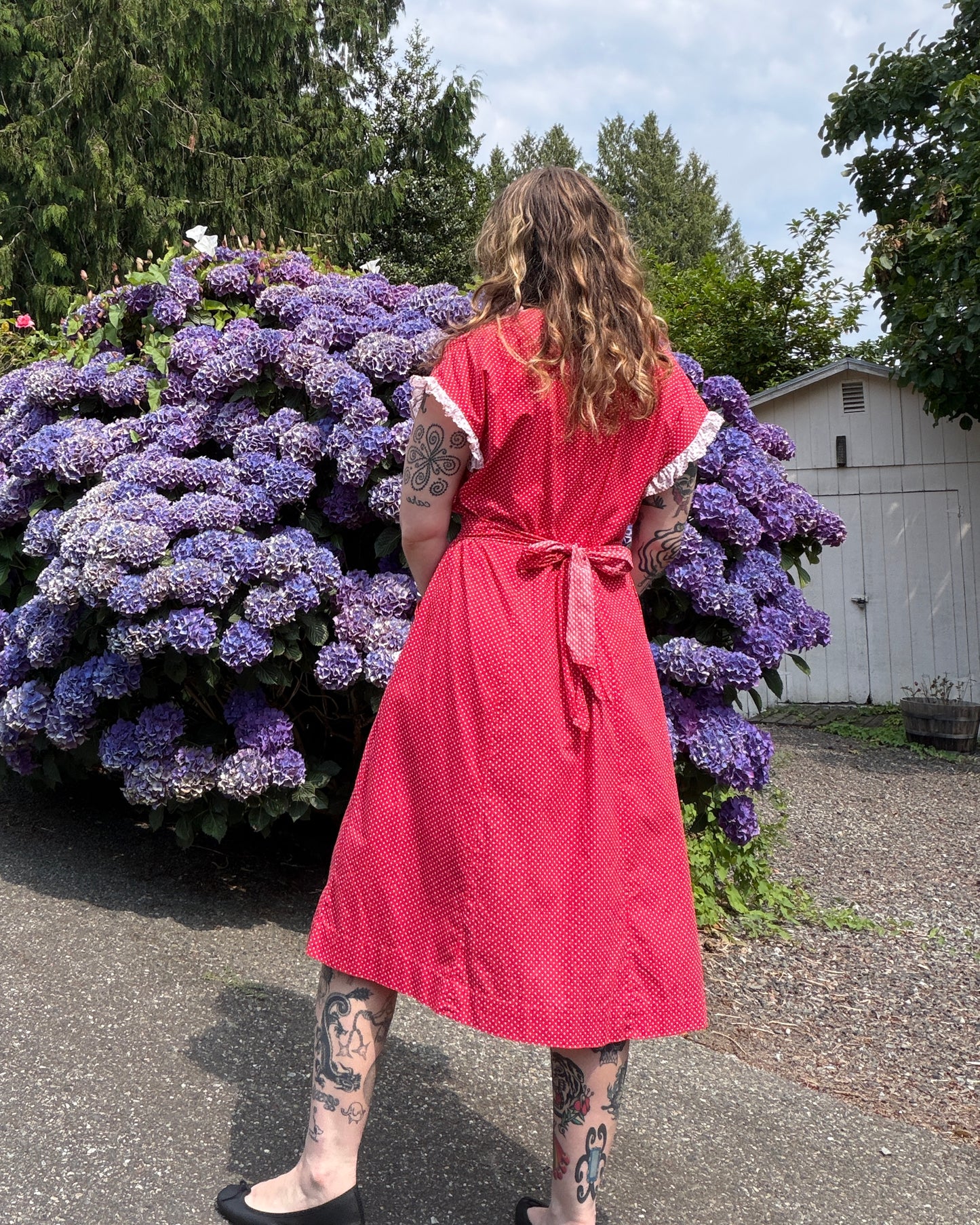 40s Red Polka Dot Cotton Dress [M/L]