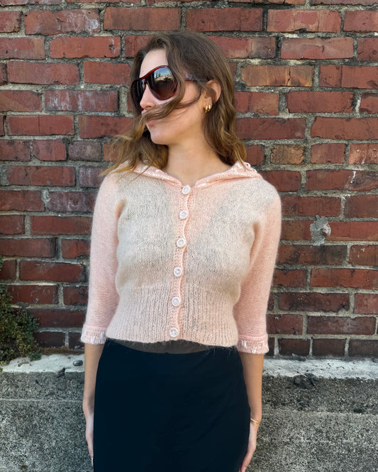 50s Baby Pink Sailor Collar Mohair Cardigan [S/M]