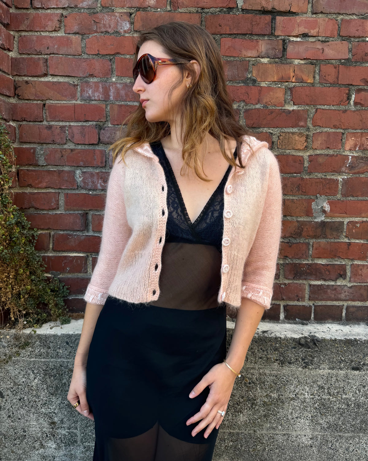 50s Baby Pink Sailor Collar Mohair Cardigan [S/M]