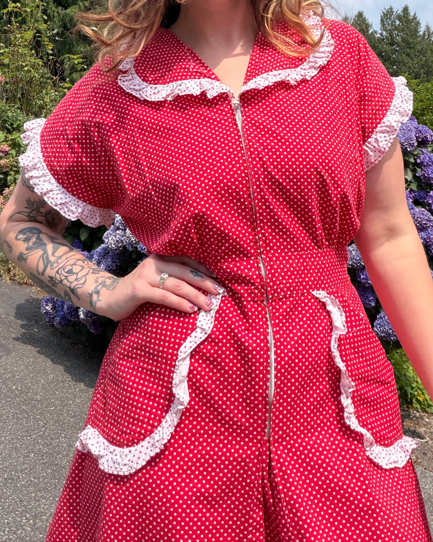 40s Red Polka Dot Cotton Dress [M/L]