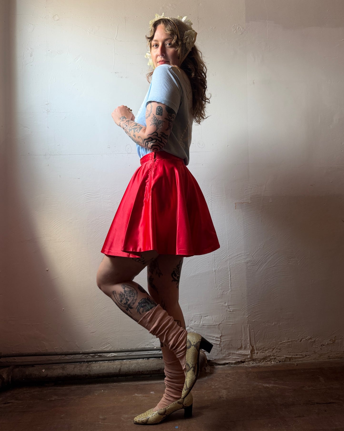 60s Cherry Red Satin Circle Skirt [28"]