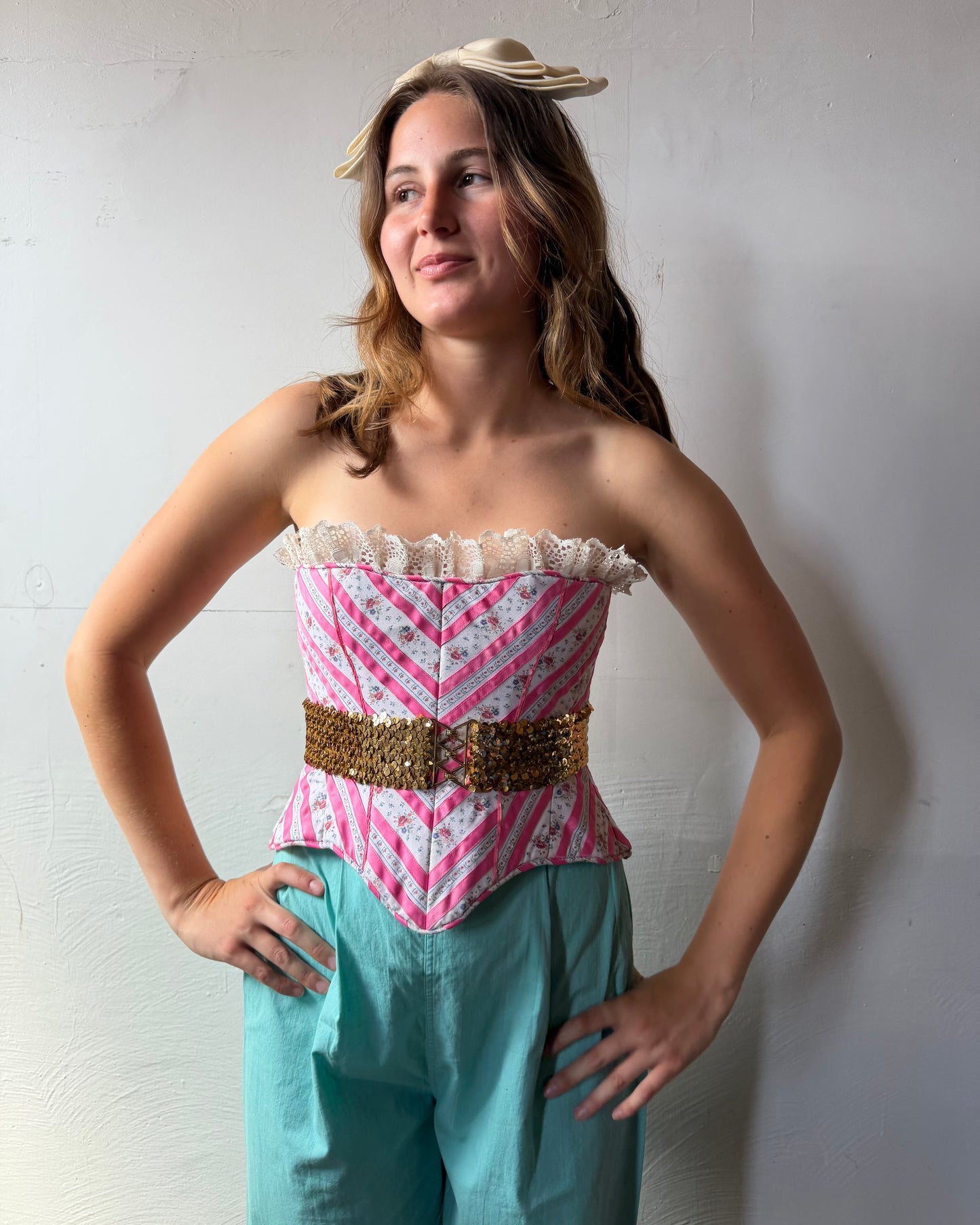 70s Floral Ribbon Corset [XS/S]