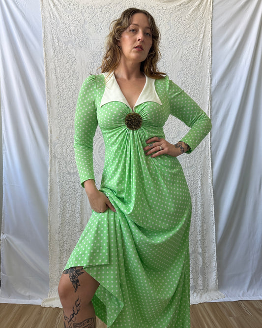 70s Corky Craig Green Dotted Maxi Dress [S/M]