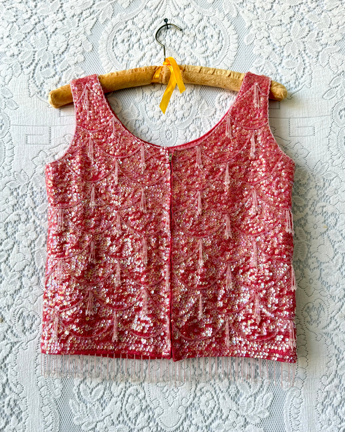 60s Coral Beaded Fringe Sequin Top [M]