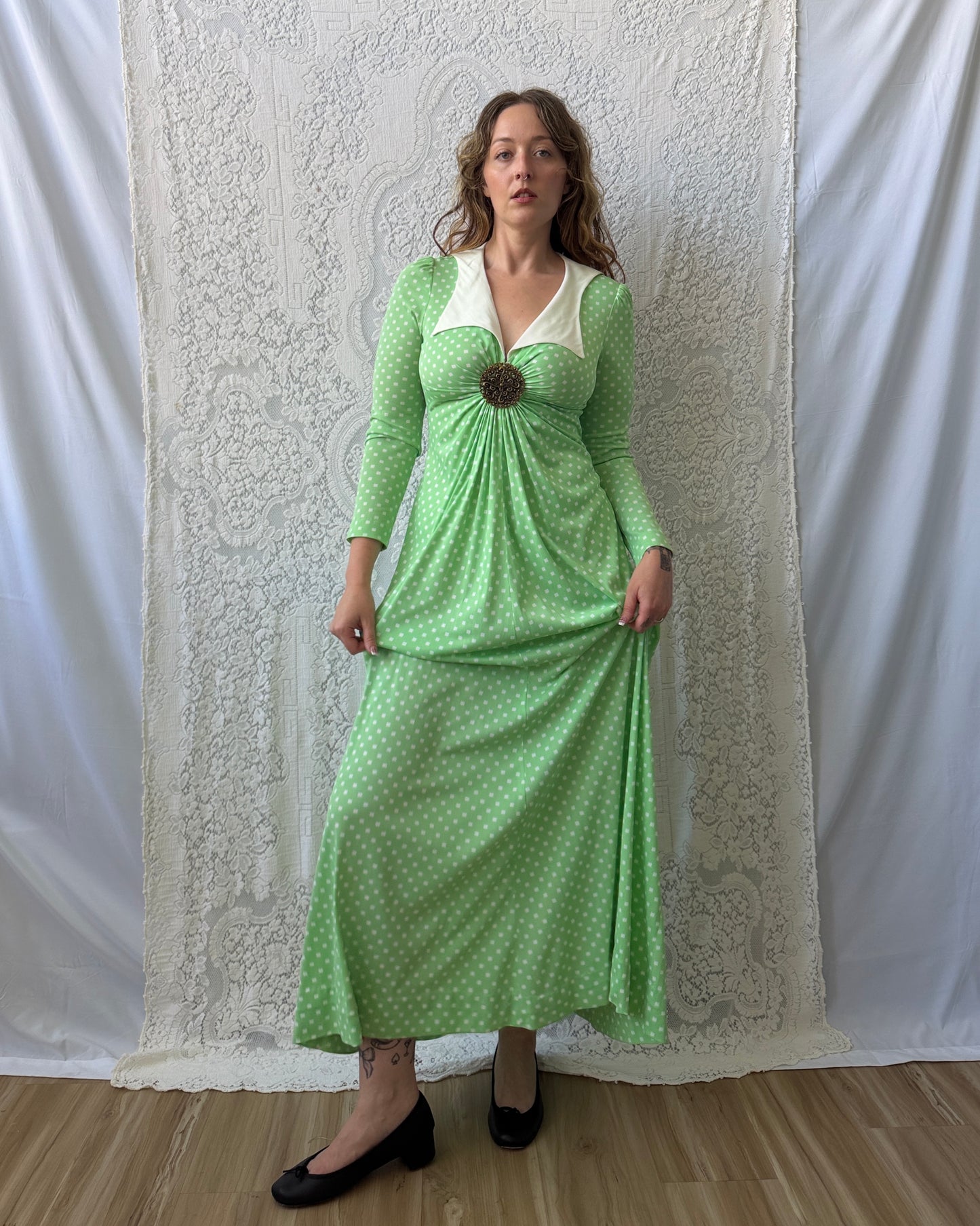 70s Corky Craig Green Dotted Maxi Dress [S/M]