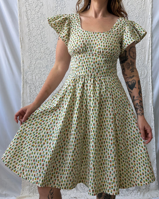 70s Flutter Sleeve Flower Print Dress [M]