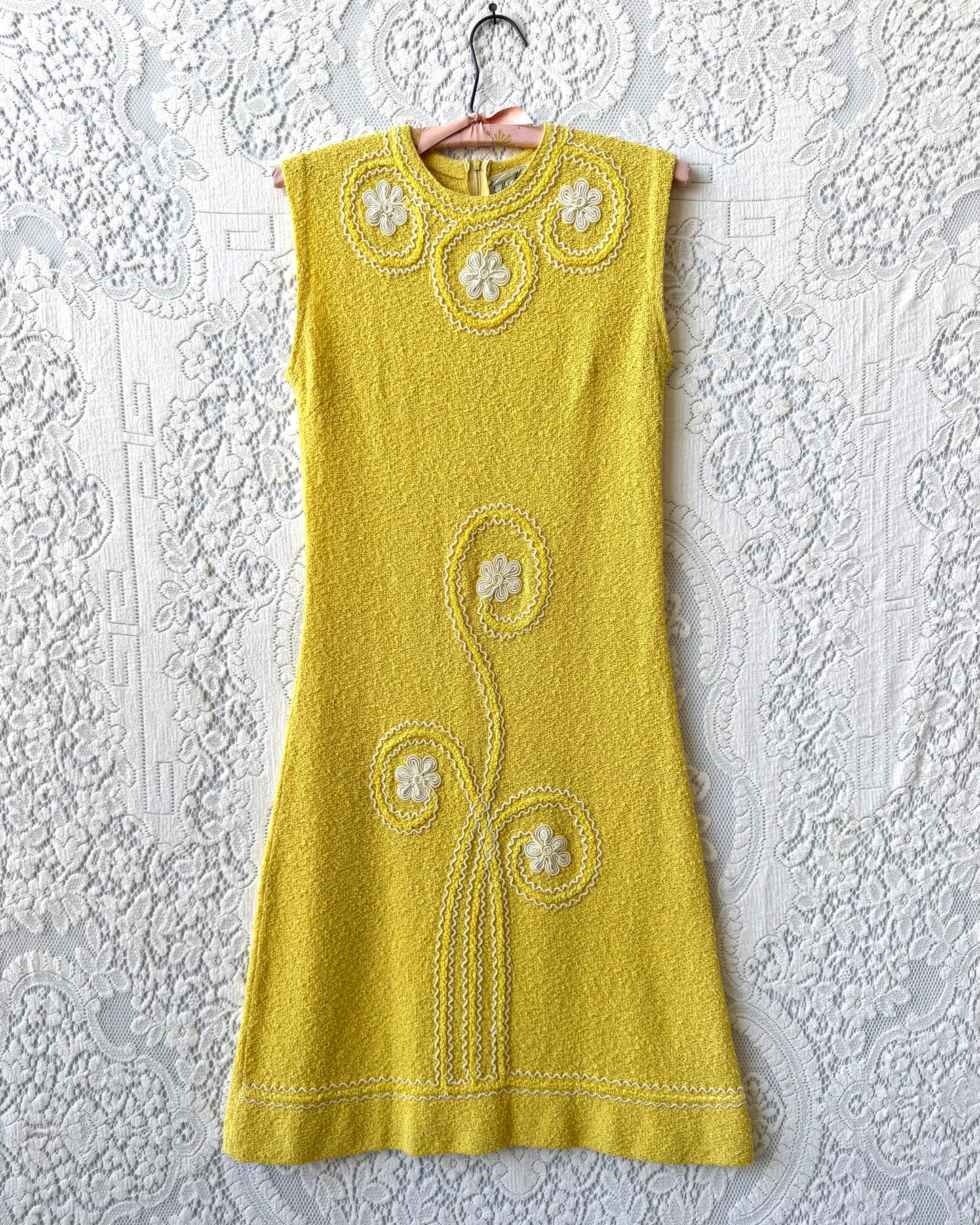 60s Yellow Bouclé Knit Mini Dress [S]
