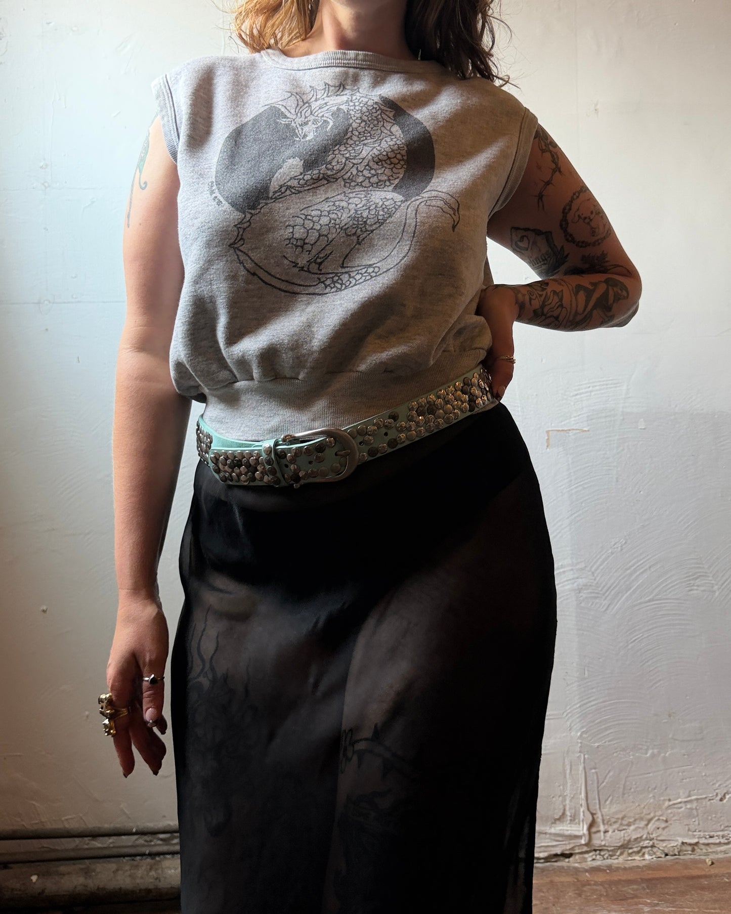 80s Dragon Art Sleeveless Sweatshirt [L]