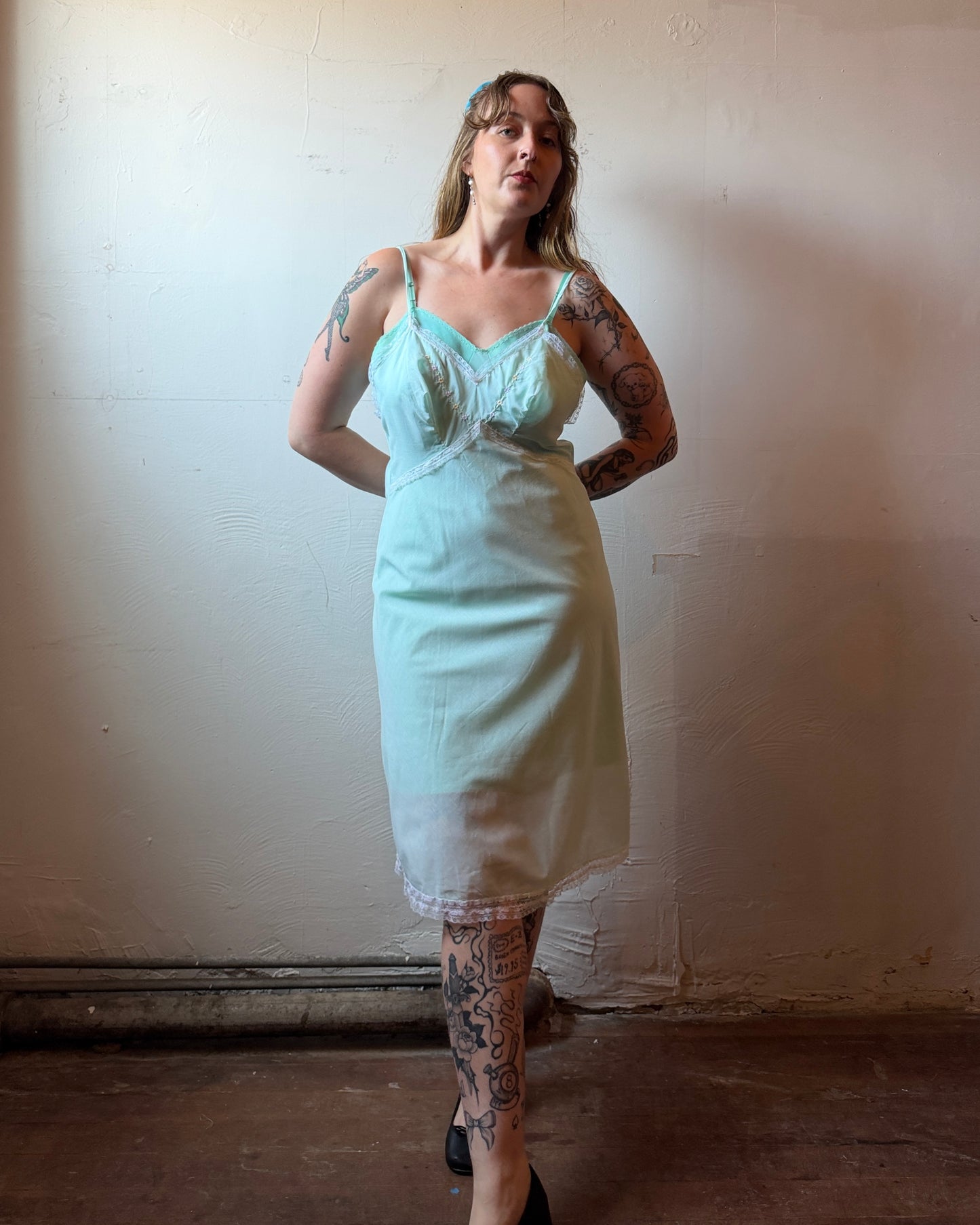 60s Mint Embroidered Slip Dress [M/L]