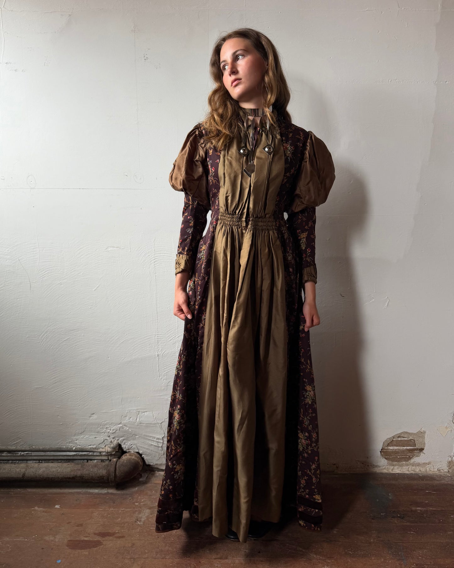 Victorian Silk Gigot Sleeve Floral Wool Dress [S]