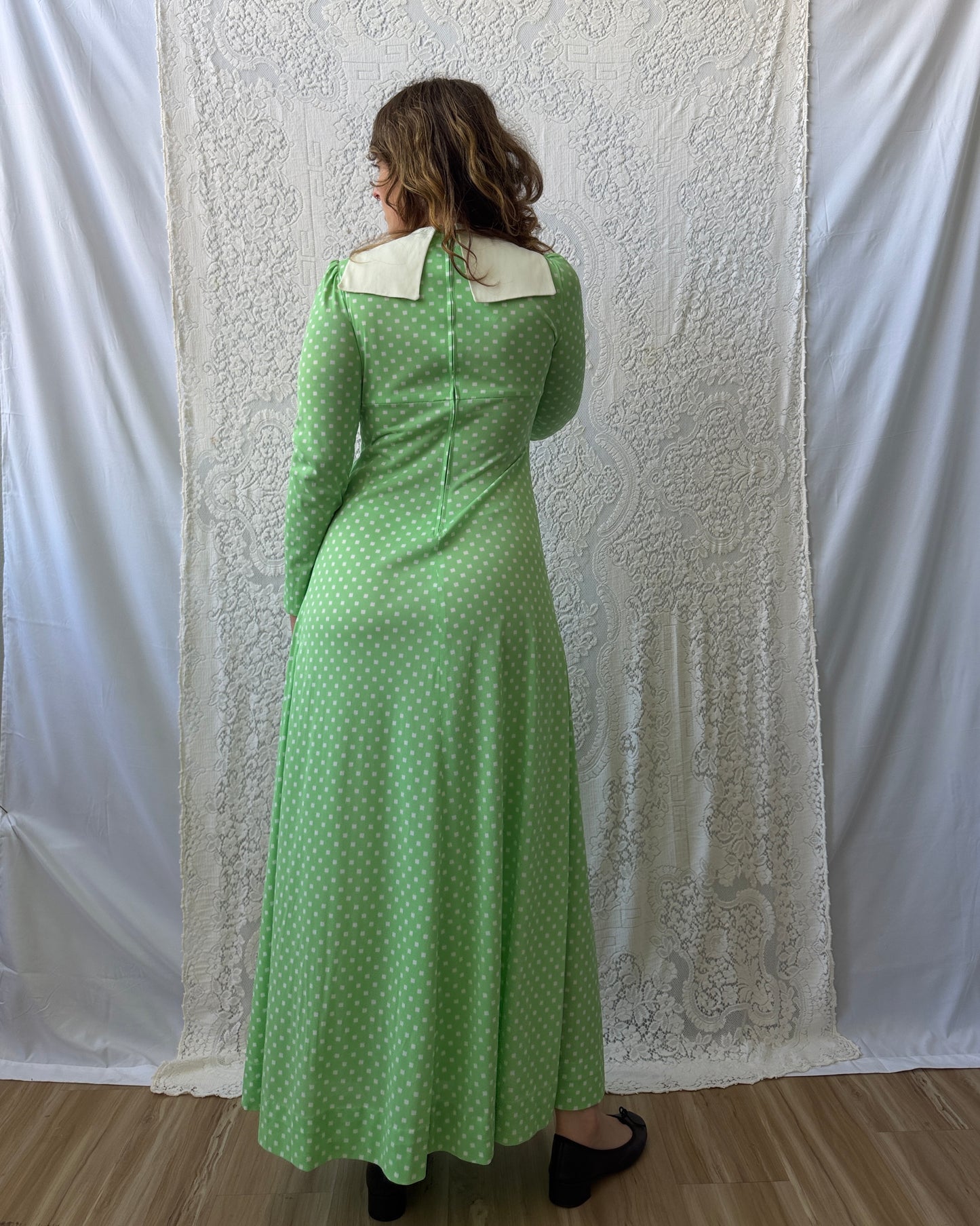 70s Corky Craig Green Dotted Maxi Dress [S/M]