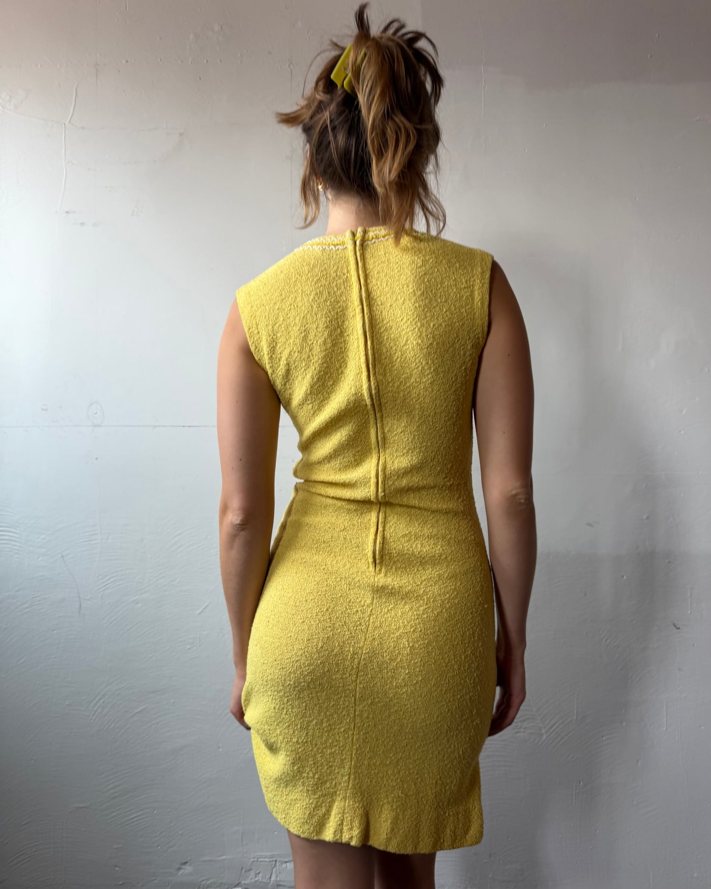 60s Yellow Bouclé Knit Mini Dress [S]