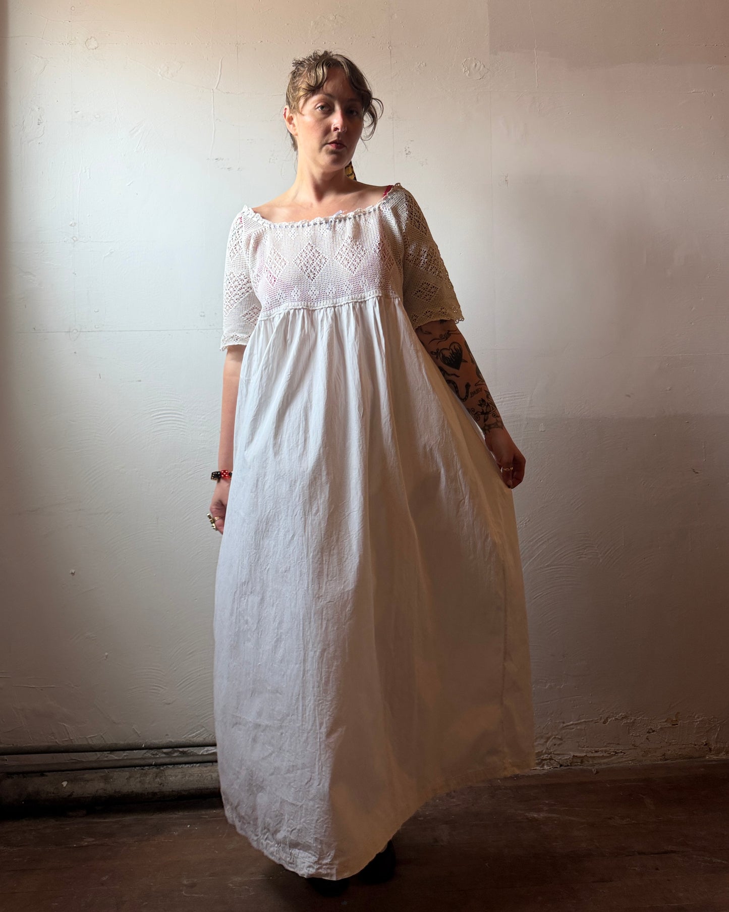 Edwardian Filet Crochet Cotton Dress [L]