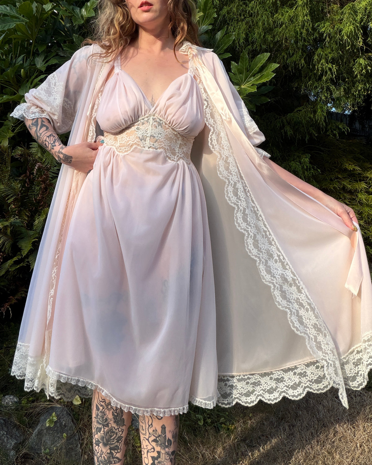 60s Lady Leonora Pink Lace Peignoir Set [S/M]