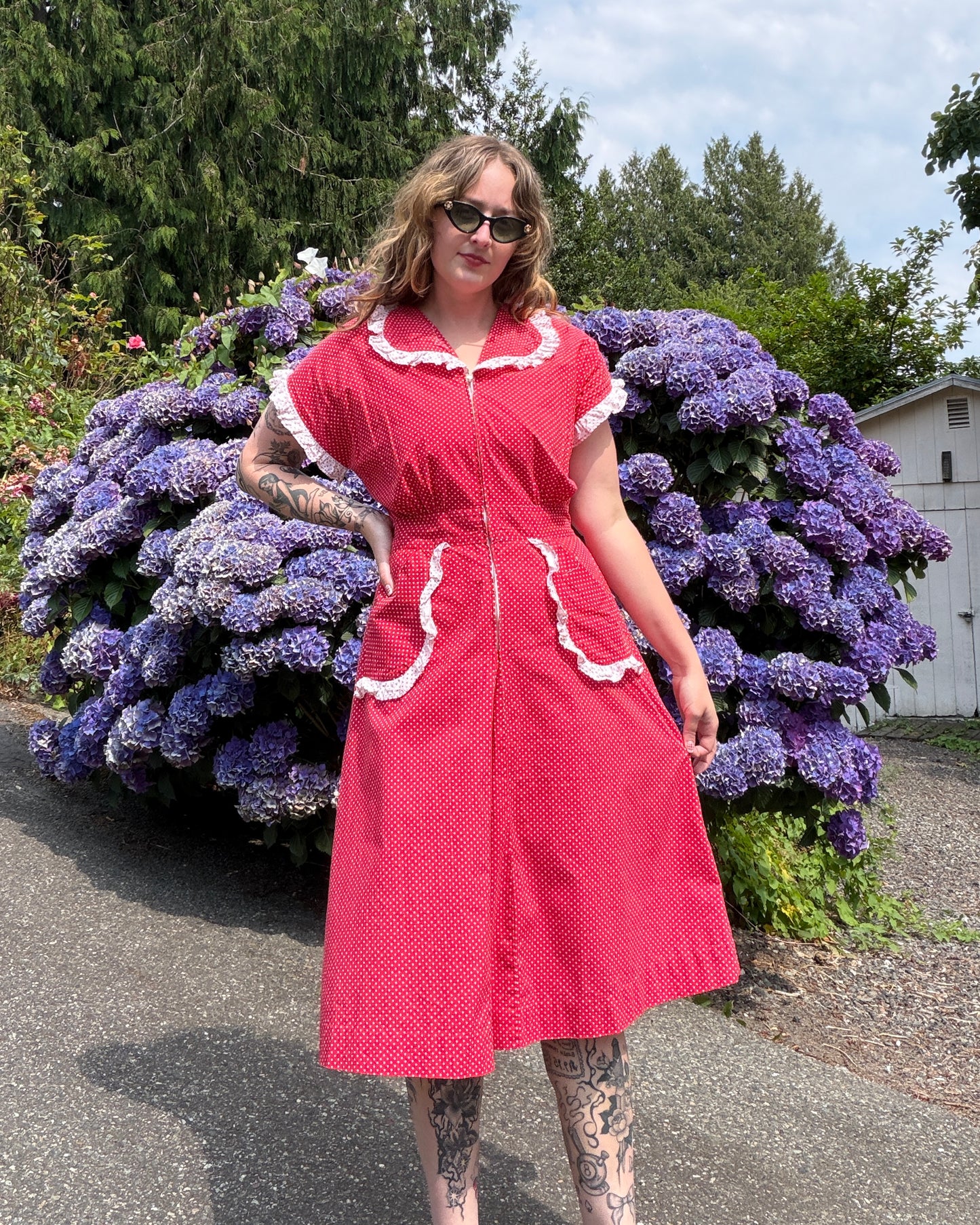 40s Red Polka Dot Cotton Dress [M/L]