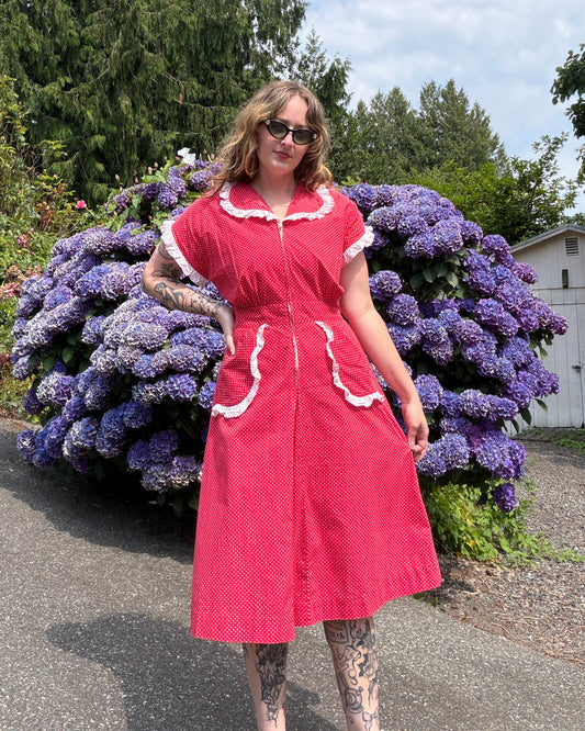 40s Red Polka Dot Cotton Dress [M/L]