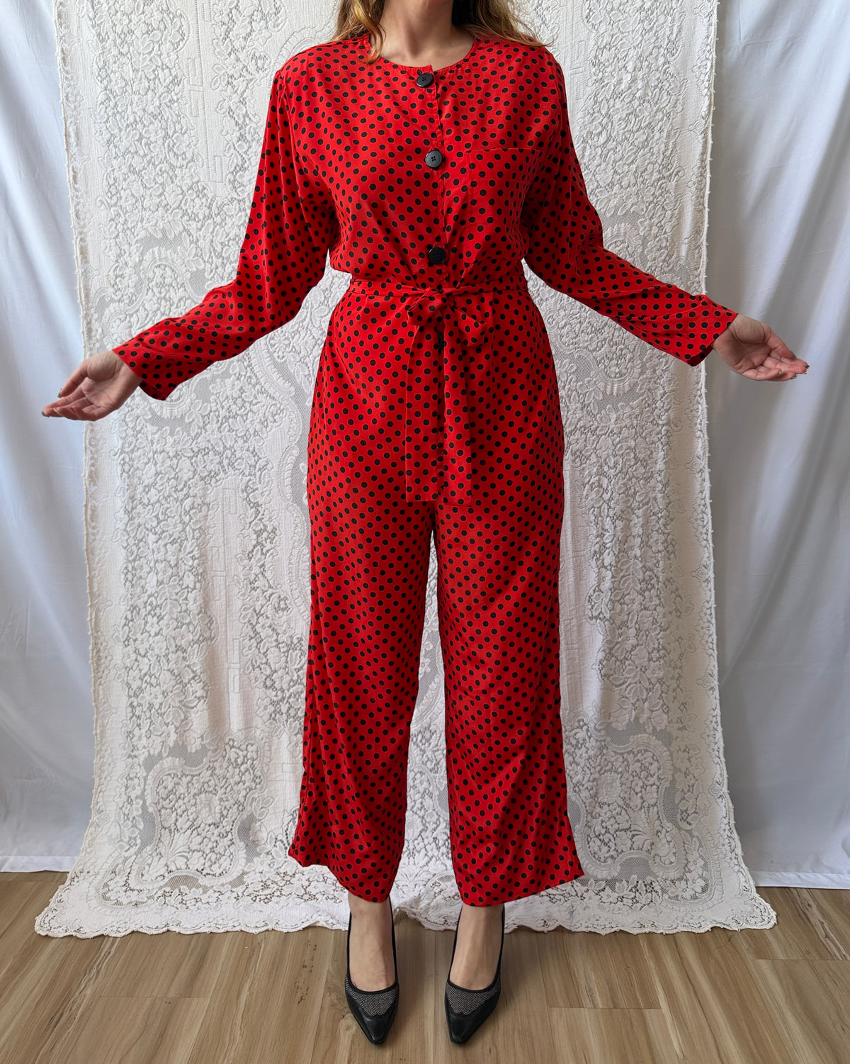 80s Black + Red Polka Dot Jumpsuit [M]