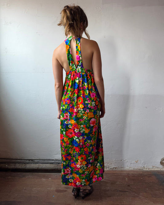 70s Dayglo Barkcloth Backless Maxi Dress [XS/S]