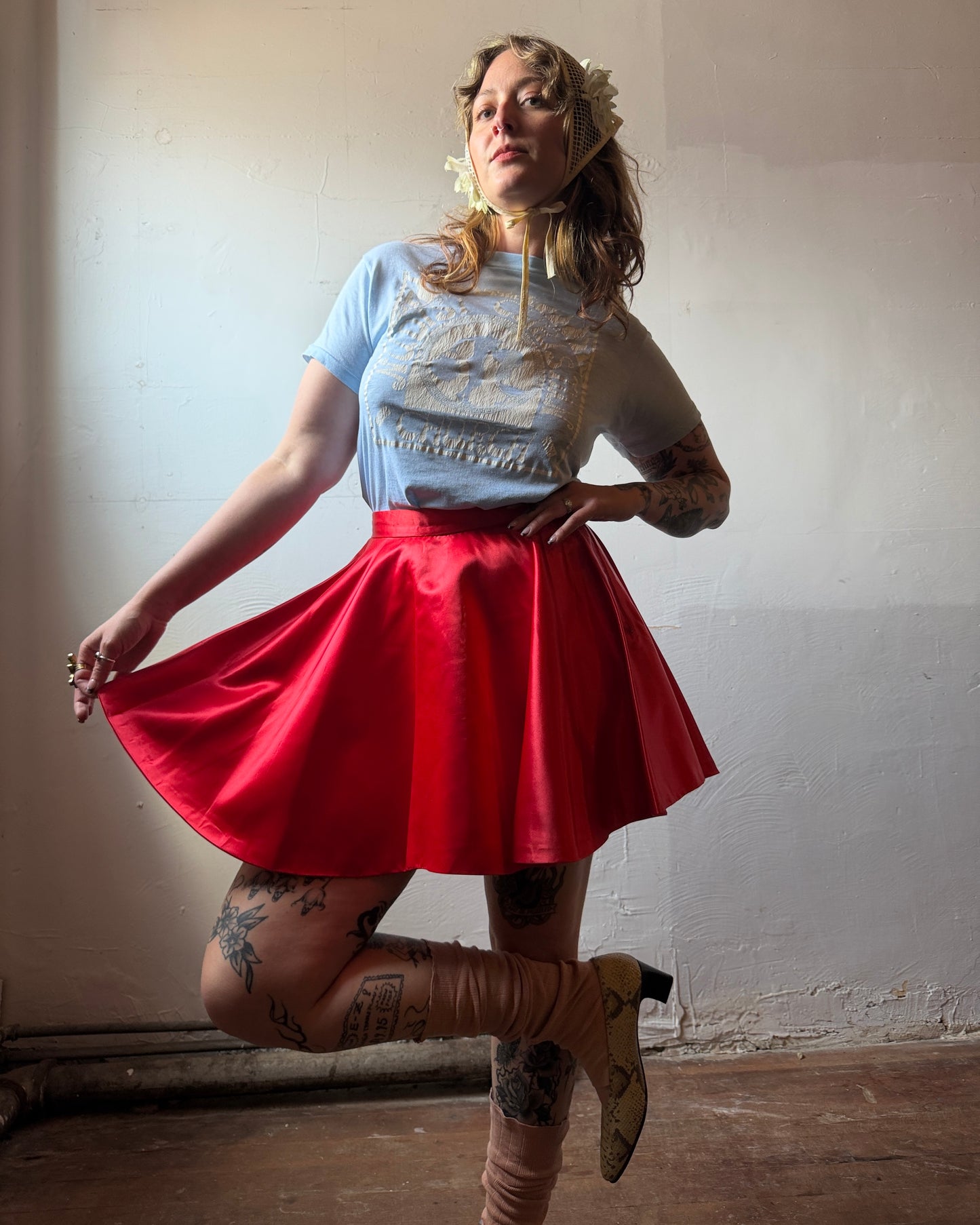 60s Cherry Red Satin Circle Skirt [28"]