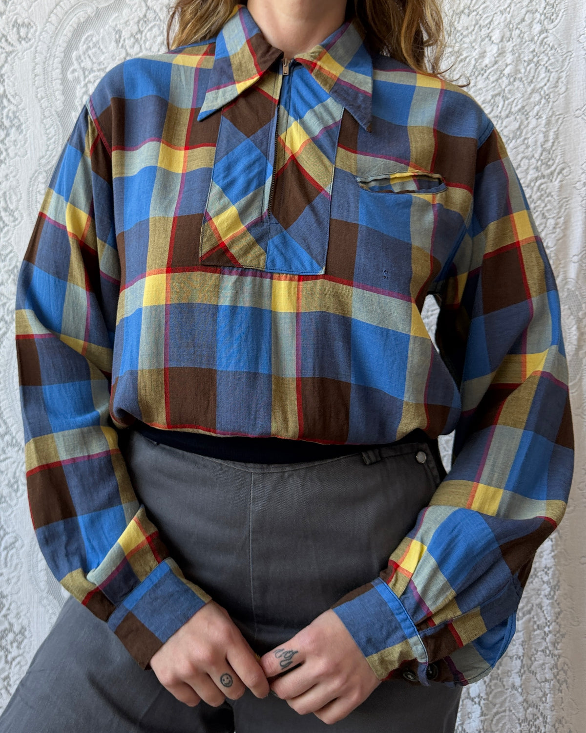 50s Pilgrim Plaid Rayon Gaucho Shirt [M]