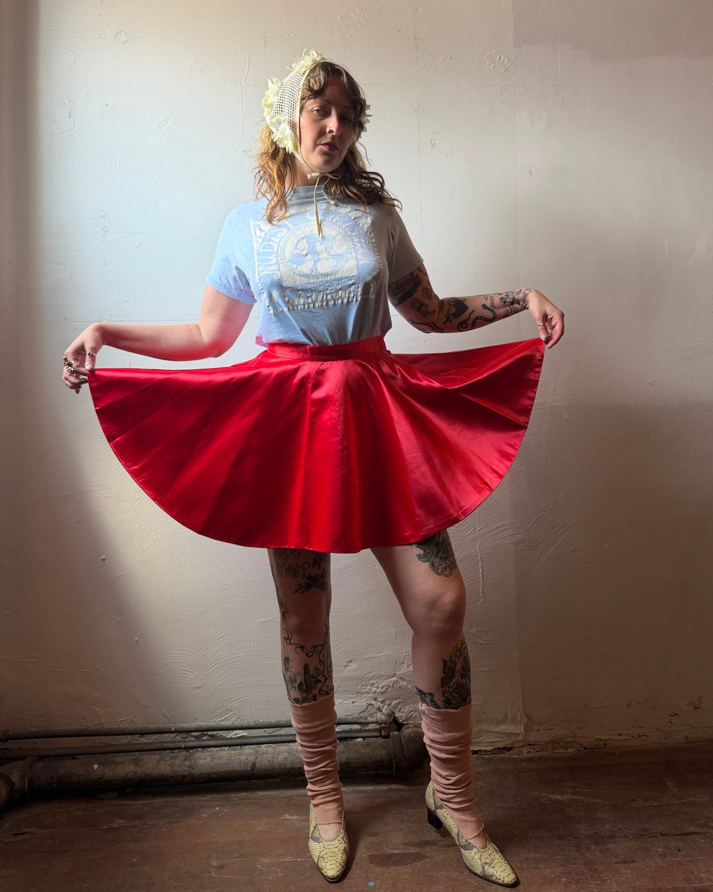 60s Cherry Red Satin Circle Skirt [28"]