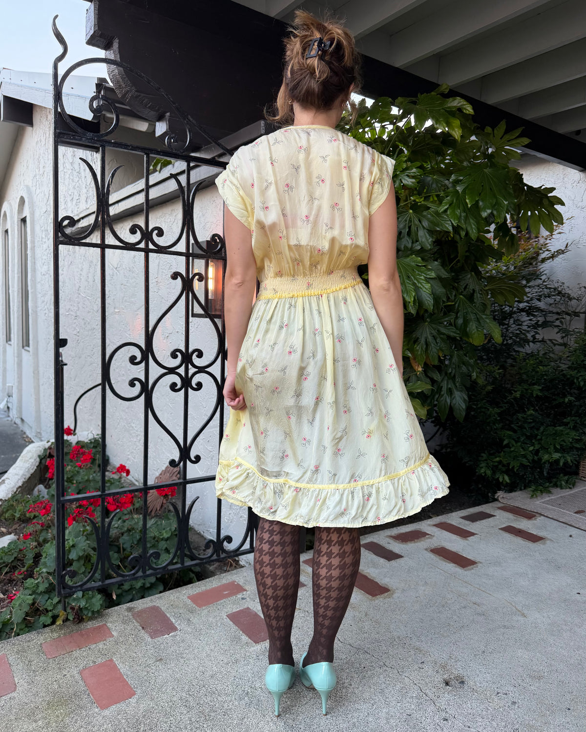 40s Yellow Rosebud Smocked Midi Dress [S-L]