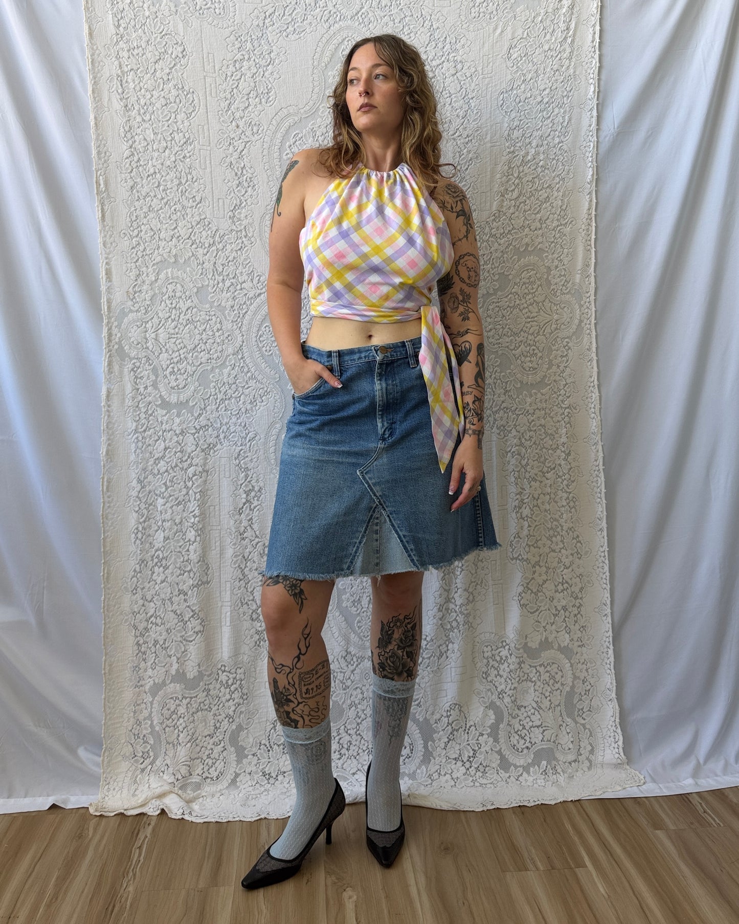 70s Pastel Plaid Halter Top [L]