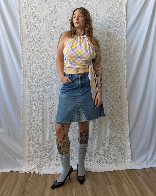 70s Pastel Plaid Halter Top [L]