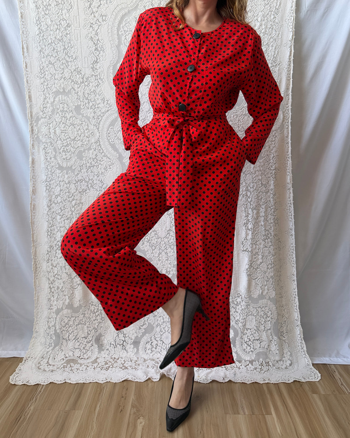 80s Black + Red Polka Dot Jumpsuit [M]