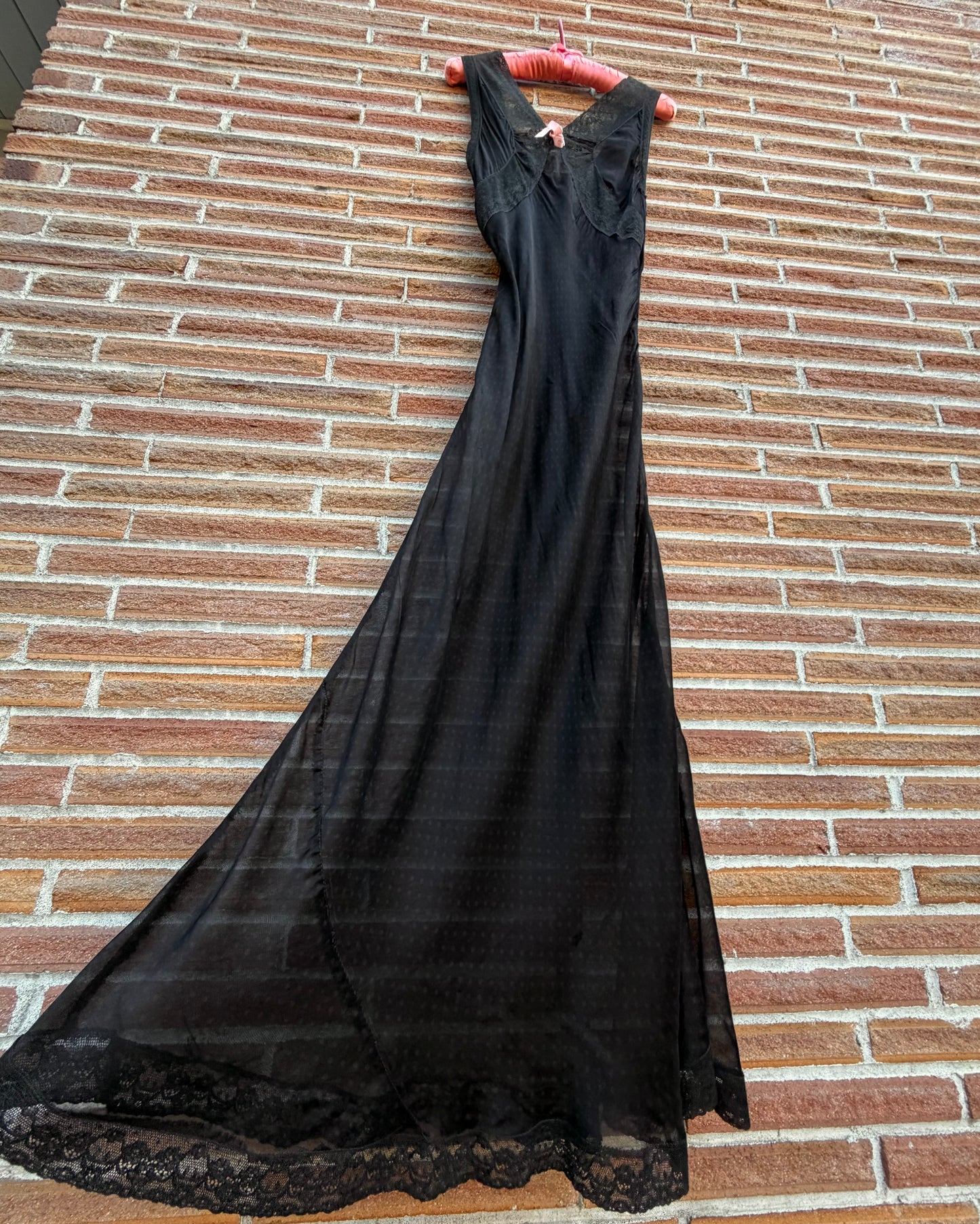 40s Dotted Black Sheer Chiffon Lace Slip Dress [XS-M]