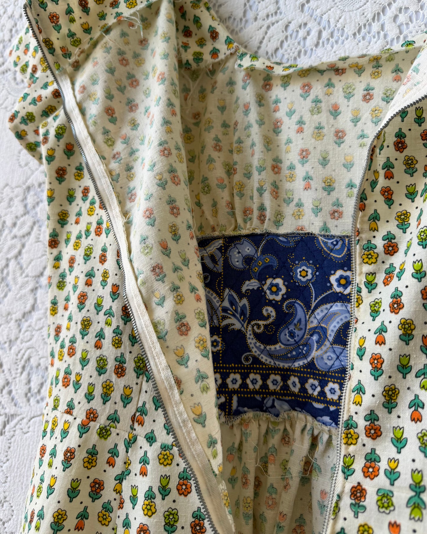 70s Flutter Sleeve Flower Print Dress [M]