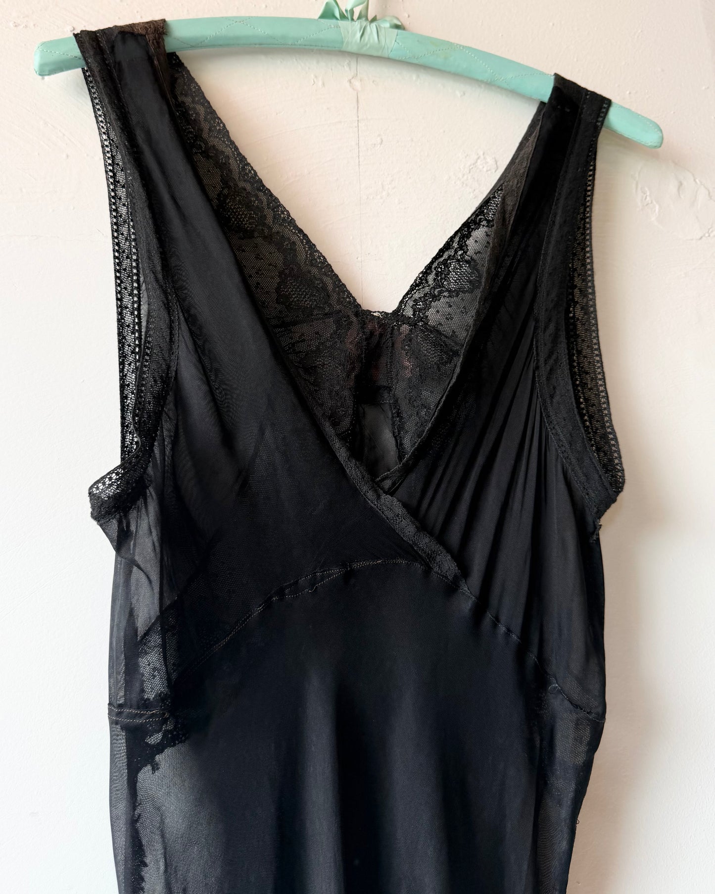 40s Dotted Black Sheer Chiffon Lace Slip Dress [XS-M]