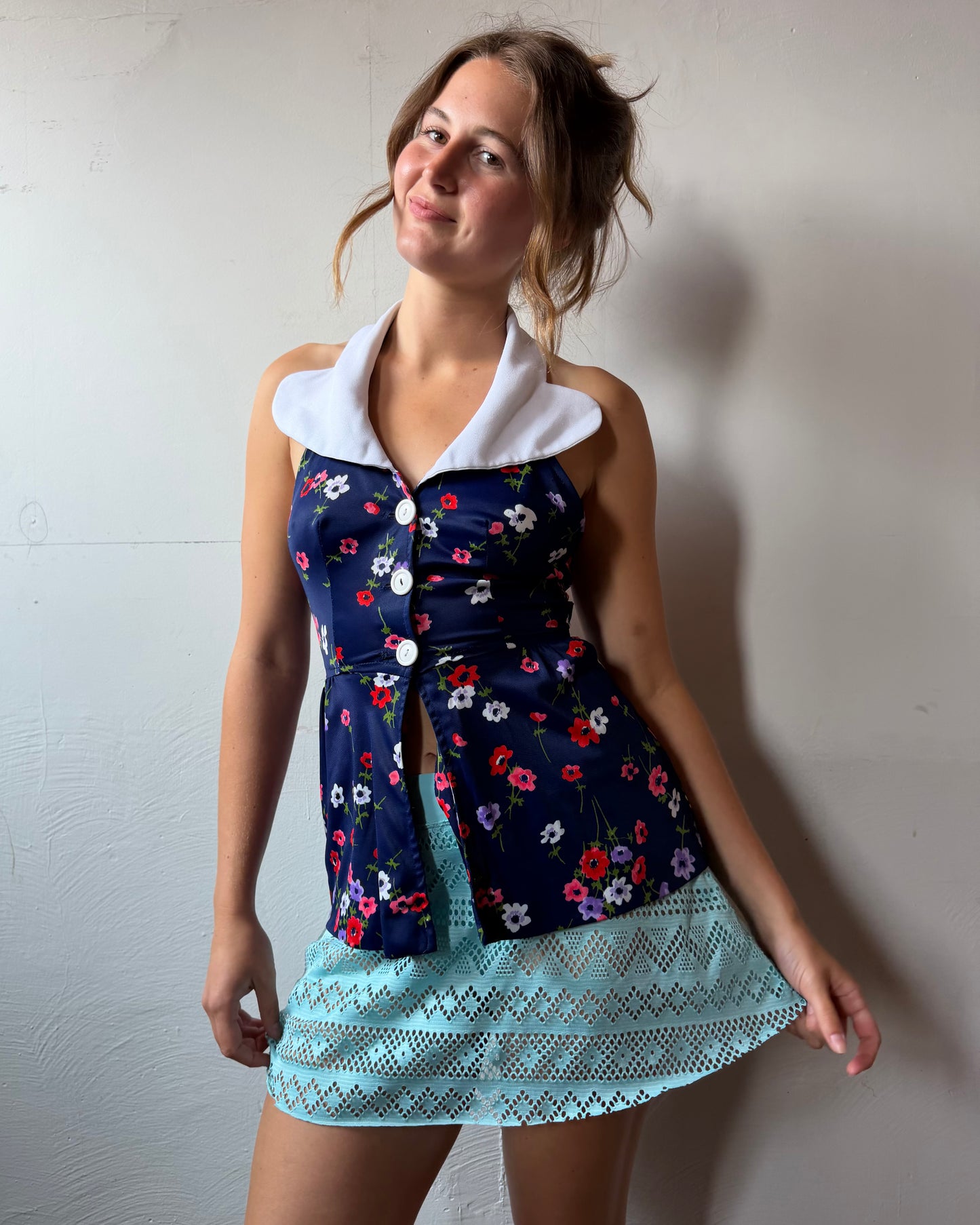 70s Collared Button Halter Top [S]